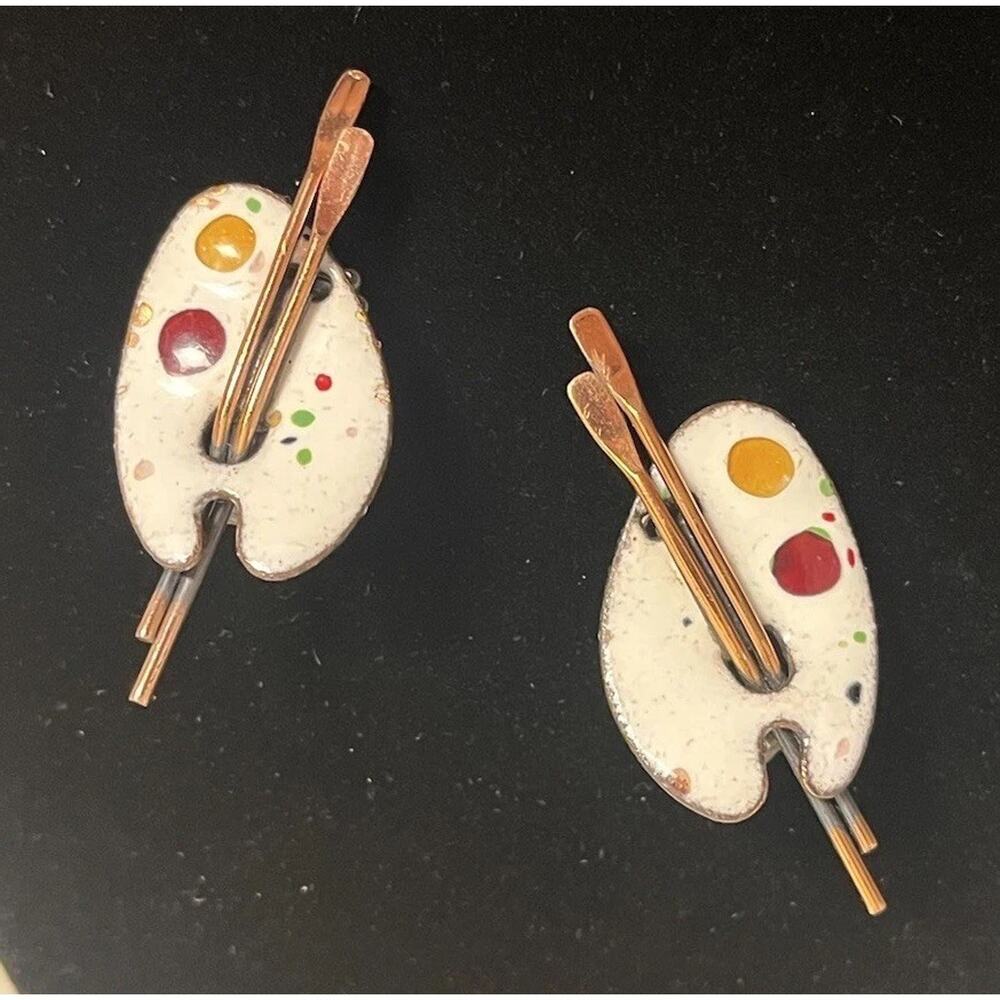Matisse Renoir Enamel Copper Artist Palette Clip On Earrings Vintage Jewelry